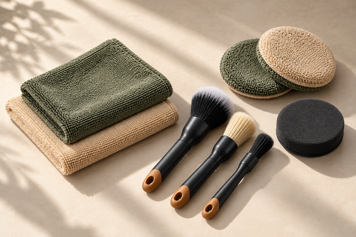Care and cleaning accessories arranged on a warm neutral surface